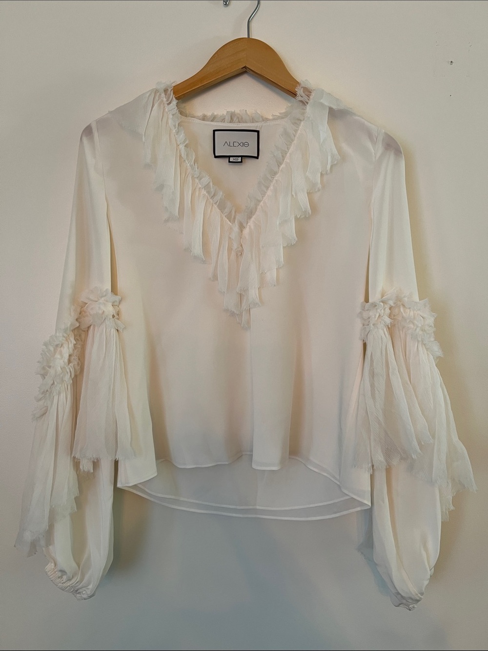 Alexis 100% Silk Cream Ruffled V-Neck Peasant Blouse